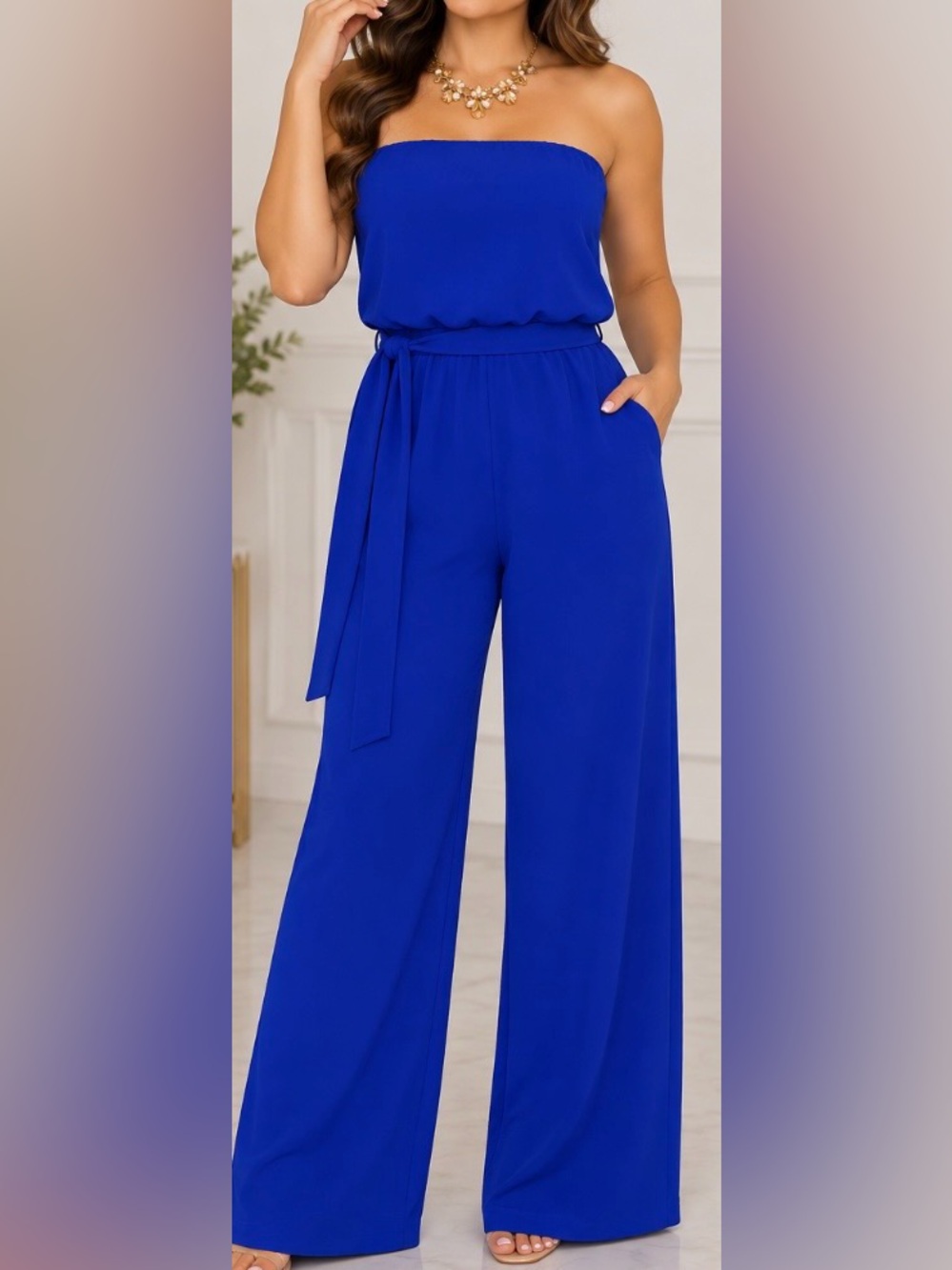a'gaci Strapless Wide-Leg Jumpsuit in Cobalt Blue